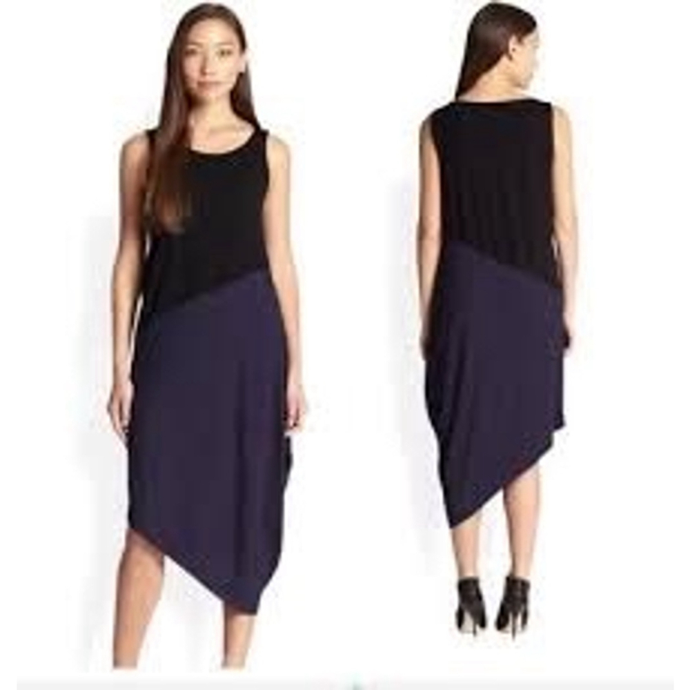 NWT Eileen Fisher Dress Jersey Black & Navy Colorblock Asymmetrical Hem Size M